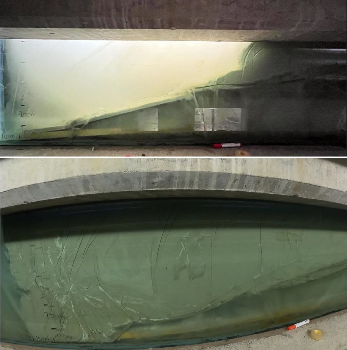 Bovenaanzicht van een nagebootste kademuur gevuld met buoycrete.