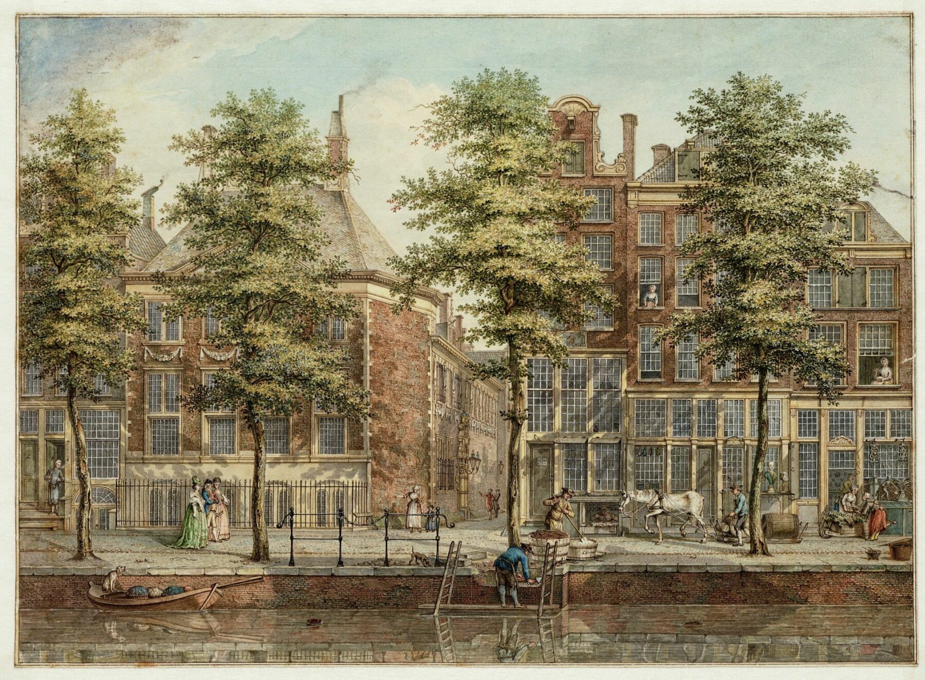 Oudezijds Achterburgwal 183-191. Op een steiger in het water is een metselaar bezig met herstel van de kademuur. Datering: 1796