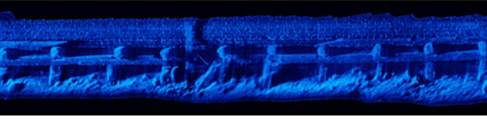 Voorbeeld van een onderwaterscan van een kade.