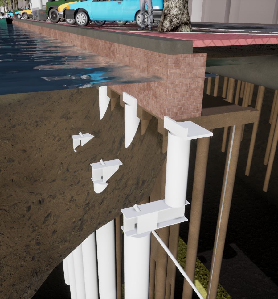 3D-model van de kade-fundovatie met daarop het handje, het ondersteunende deel, van de constructie in beeld.