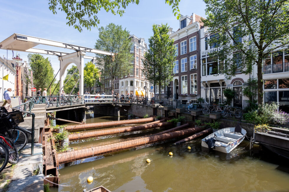 Langzaam kruipen klimplanten door de stalen rasters op de versterkingsconstructie tussen de kades van de Groenburgwal.