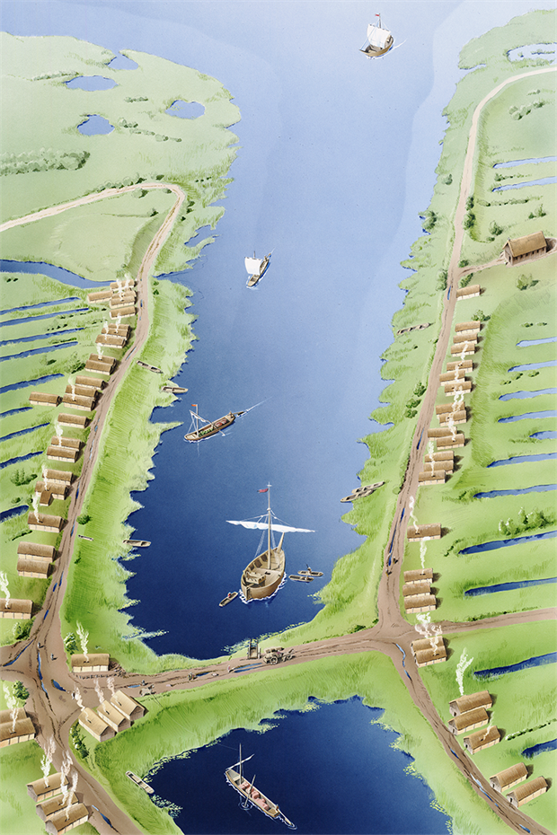 Impressie van Amsterdam eind 13e eeuw, met rechts bovenin de Oude Kerk